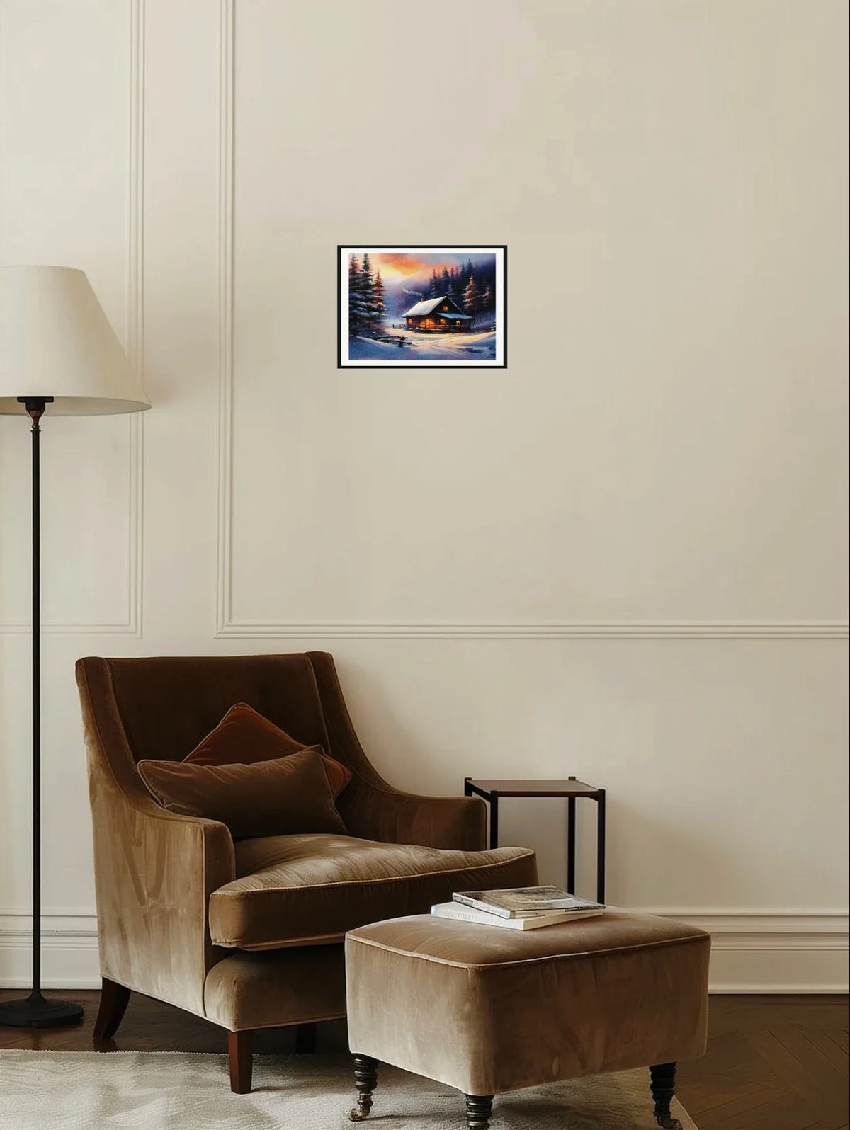 Cabin Winter - medium 12 x 16 matted and framed art print shown hanging on a wall