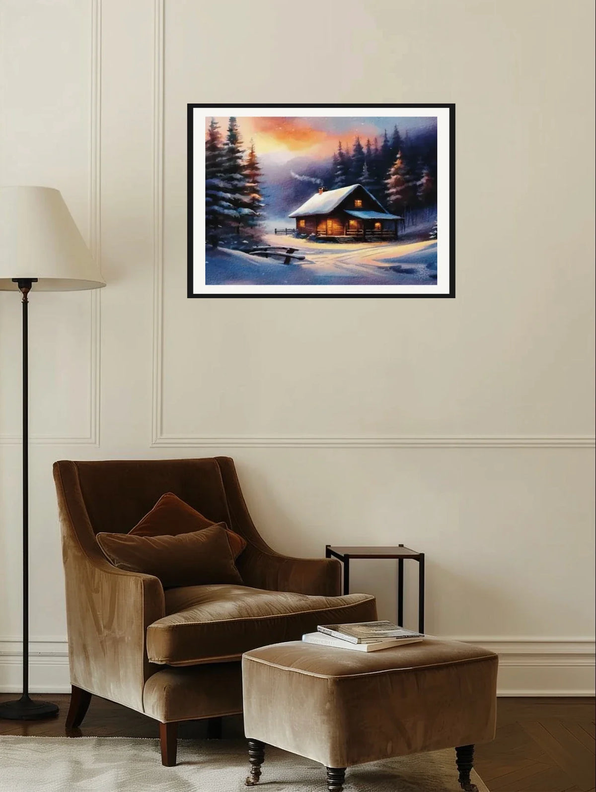 Cabin Winter - large 24 x 36 matted and framed art print shown hanging on a wall