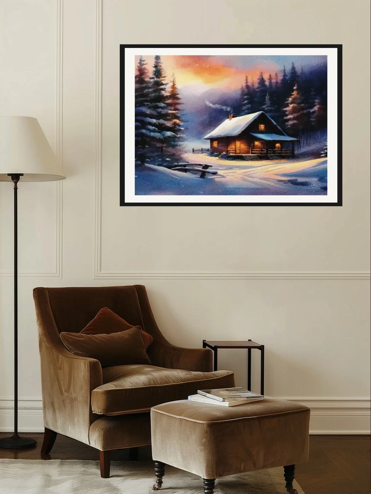 Cabin Winter - extra large 36 x 48 matted and framed art print shown hanging on a wall