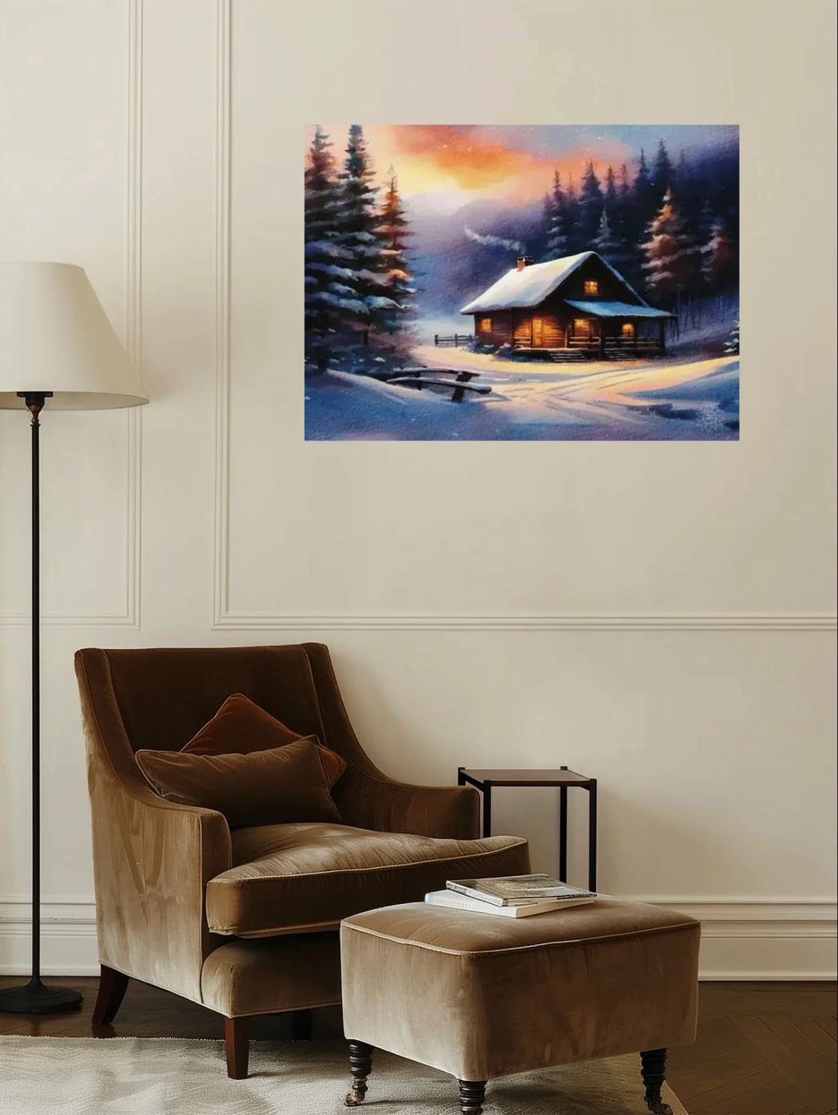 Cabin Winter - extra large 36 x 48 unframed art print shown hanging on a wall