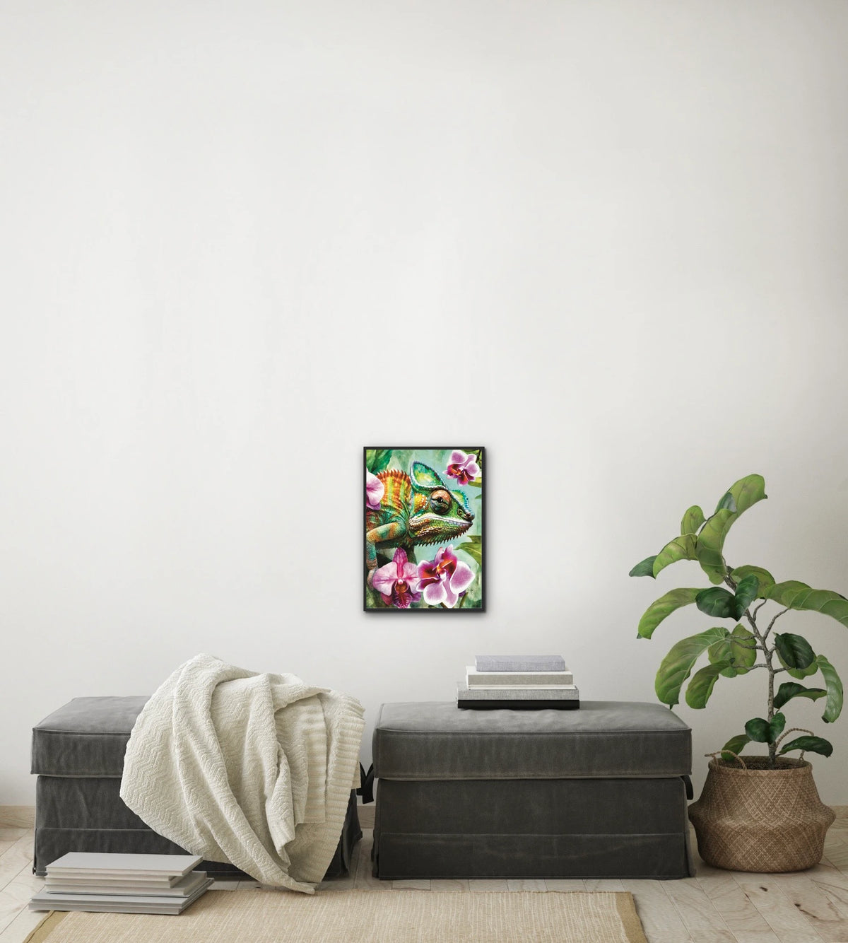 Cam the Chameleon - medium 12 x 16 framed art print shown hanging on a wall