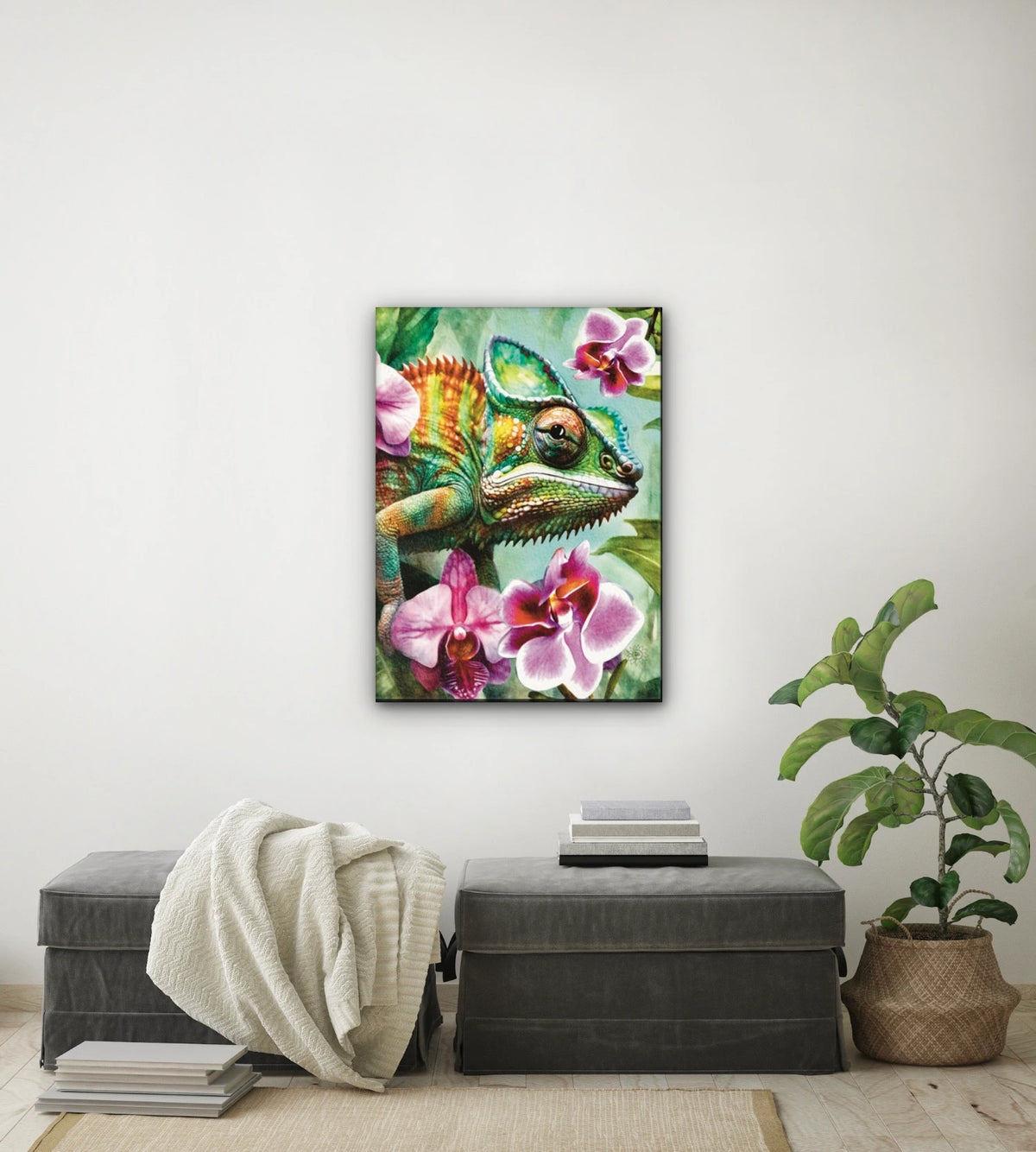 Cam the Chameleon - large 24 x 36 unframed art print shown hanging on a wall