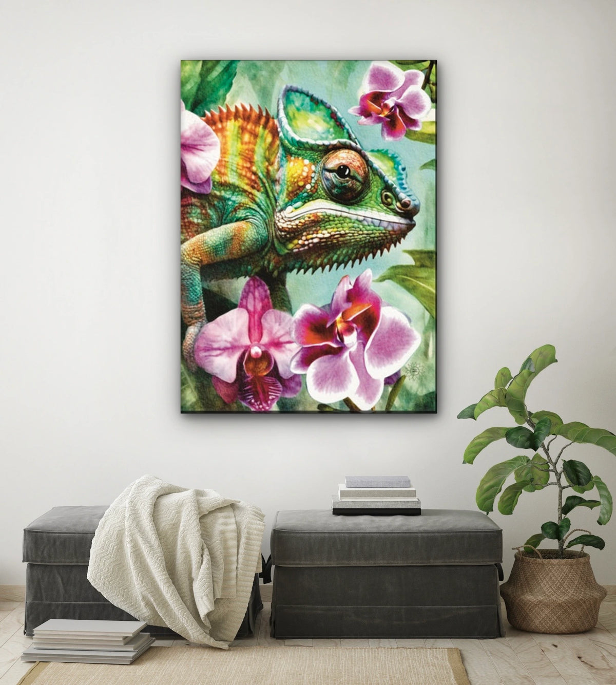 Cam the Chameleon - extra large 36 x 48 unframed art print shown hanging on a wall