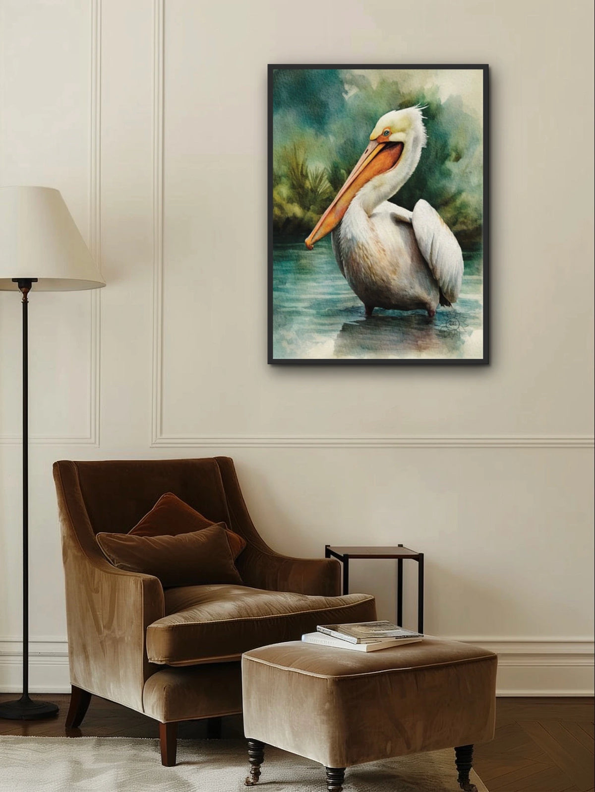 Casper the White Pelican - extra large 36 x 48 framed art print shown hanging on a wall