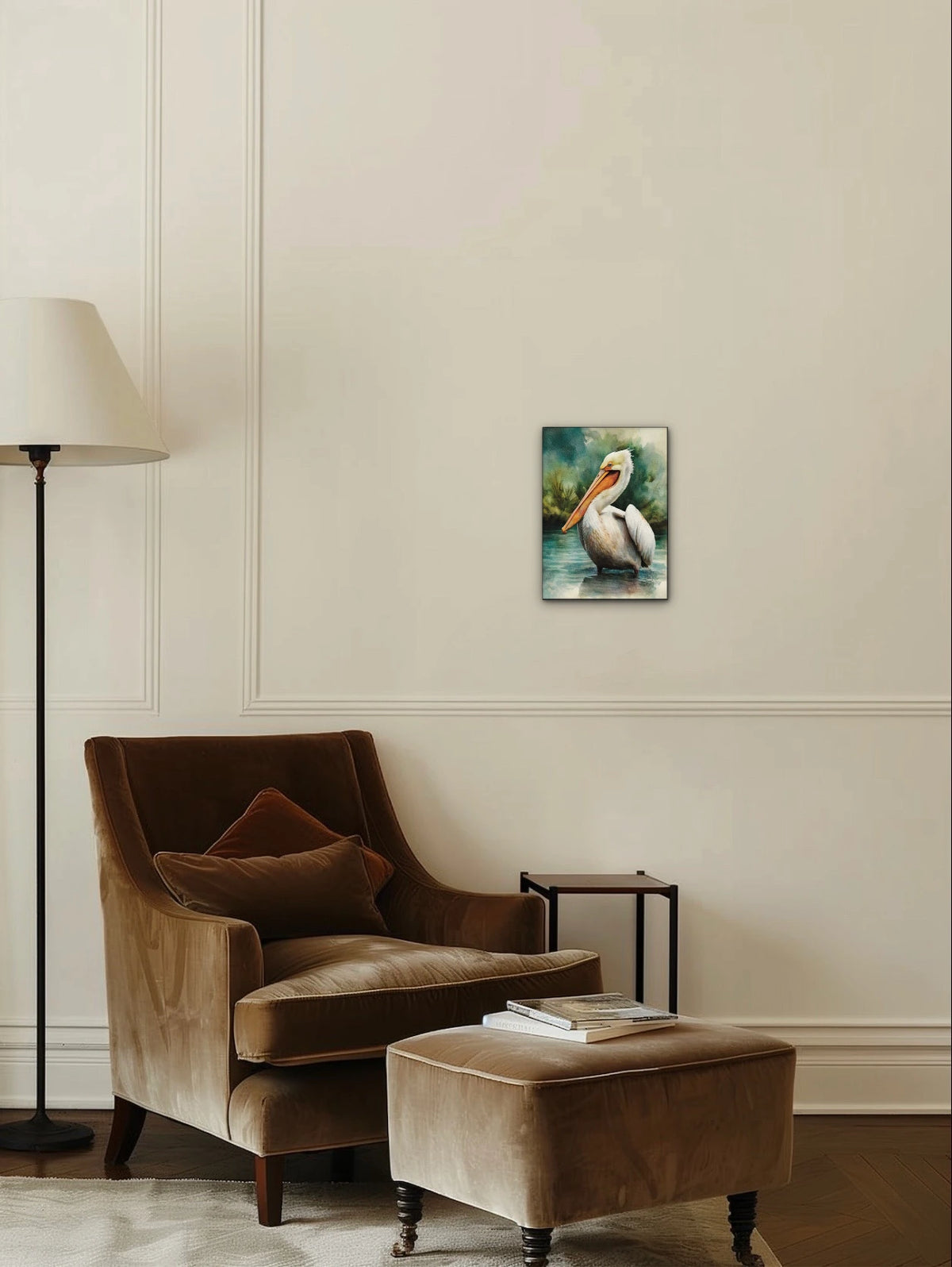 Casper the White Pelican - medium 12 x 16 unframed art print shown hanging on a wall