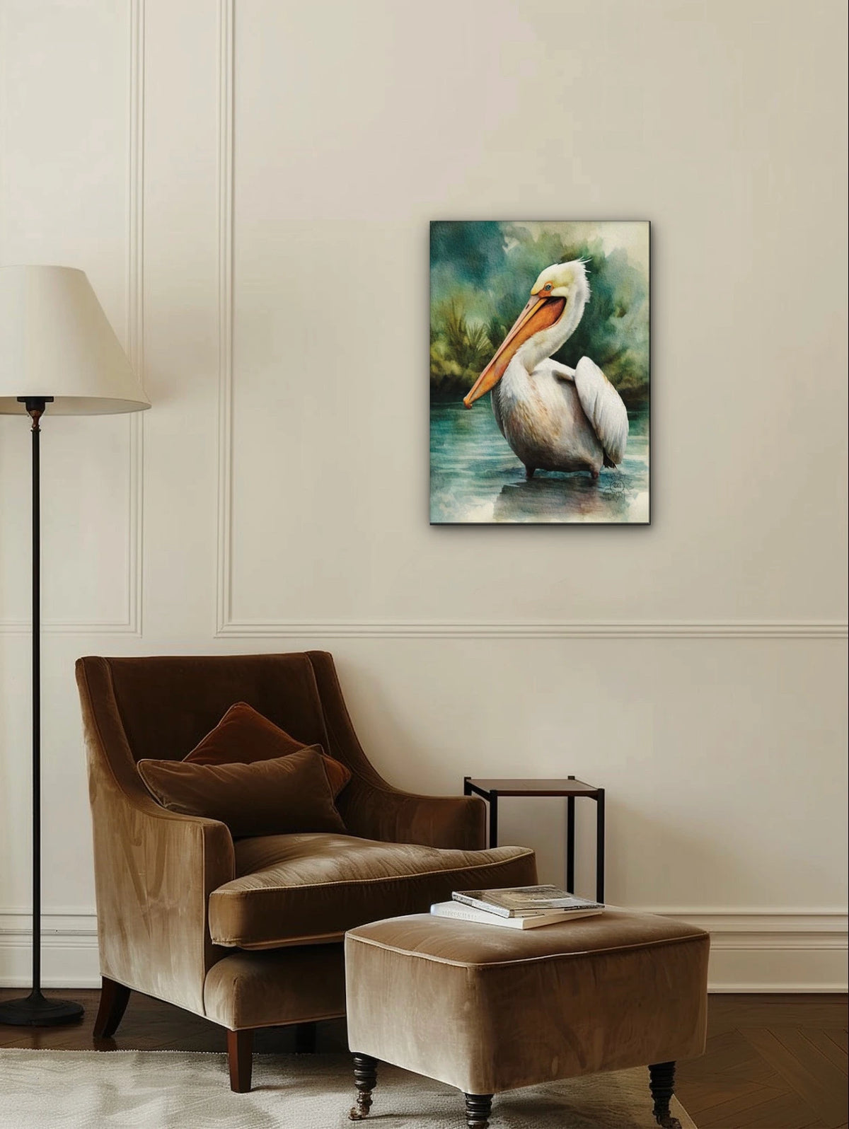 Casper the White Pelican - large 24 x 36 unframed art print shown hanging on a wall