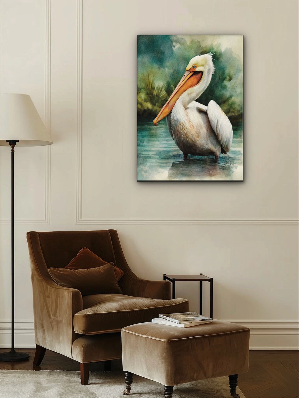 Casper the White Pelican - extra large 36 x 48 unframed art print shown hanging on a wall