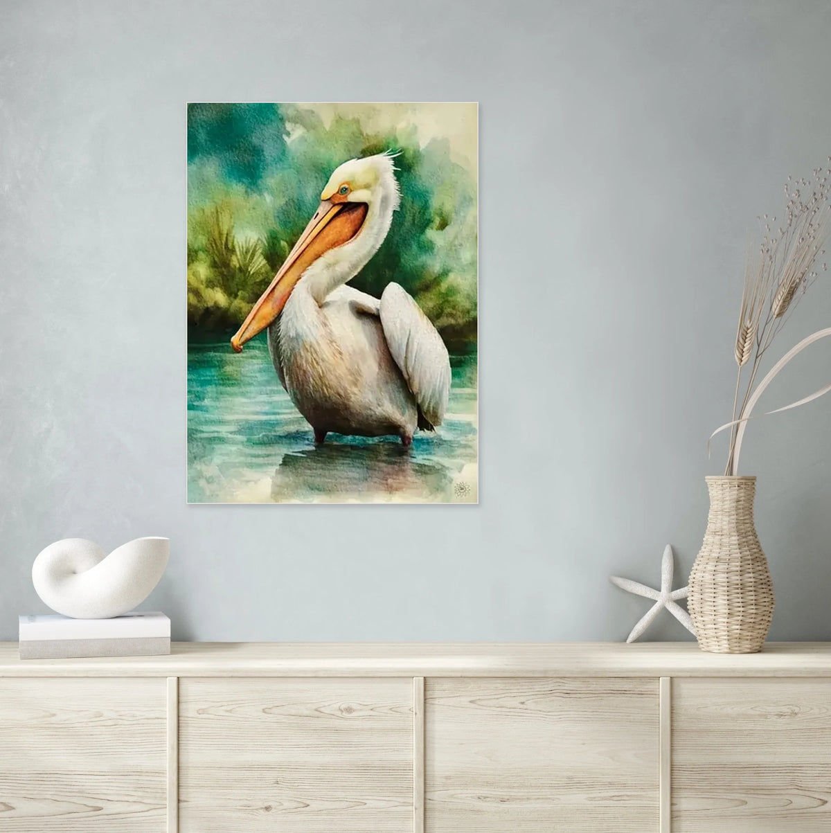 This is an extra large 36 x 48 unframed watercolor art print of a white pelican wading in shallow water. Created by professional artists, this high-quality watercolor print on textured matte paper adds a touch of character to any home or office decor.