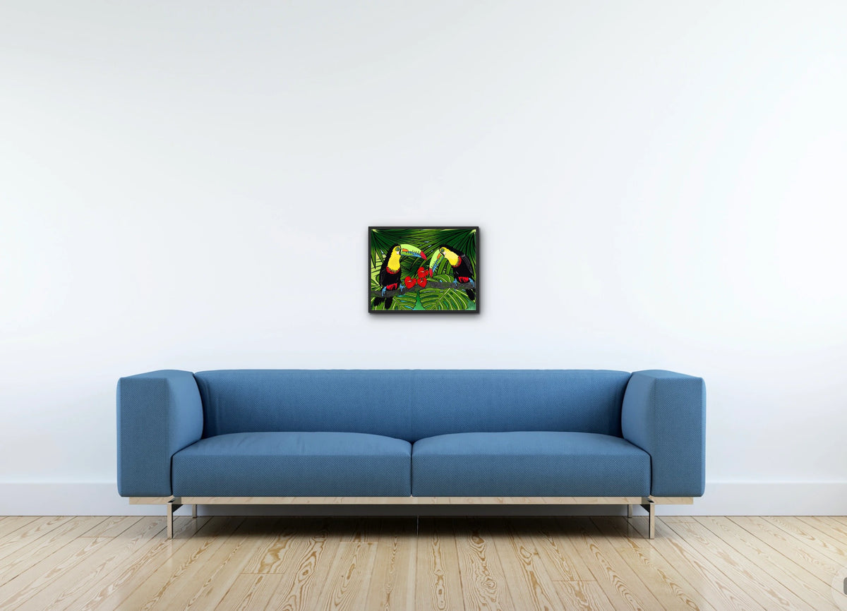 Charlie and Sophie Toucan - medium 12 x 16 framed art print shown hanging on a wall
