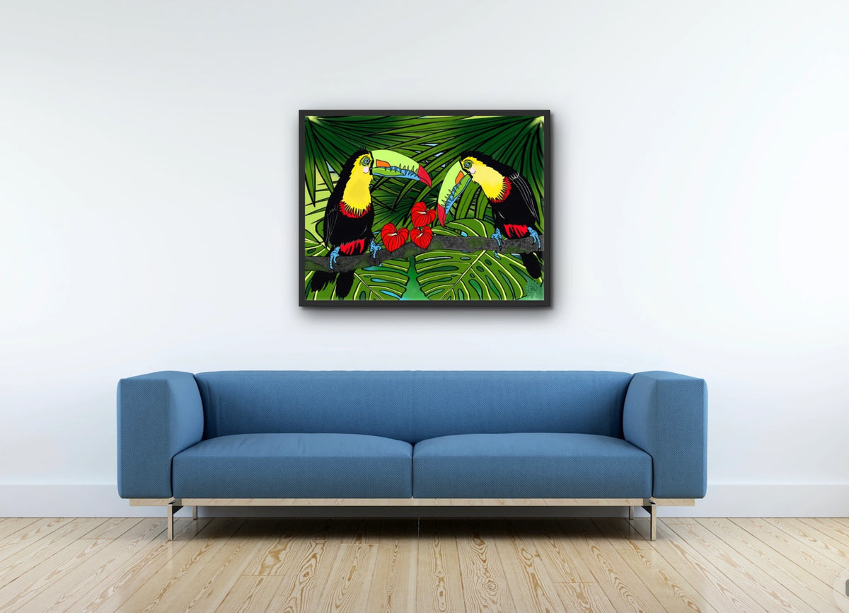 Charlie and Sophie Toucan - large 24 x 36 framed art print shown hanging on a wall
