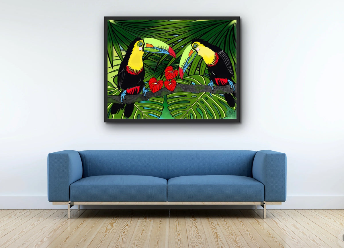 Charlie and Sophie Toucan - extra large 36 x 48 framed art print shown hanging on a wall