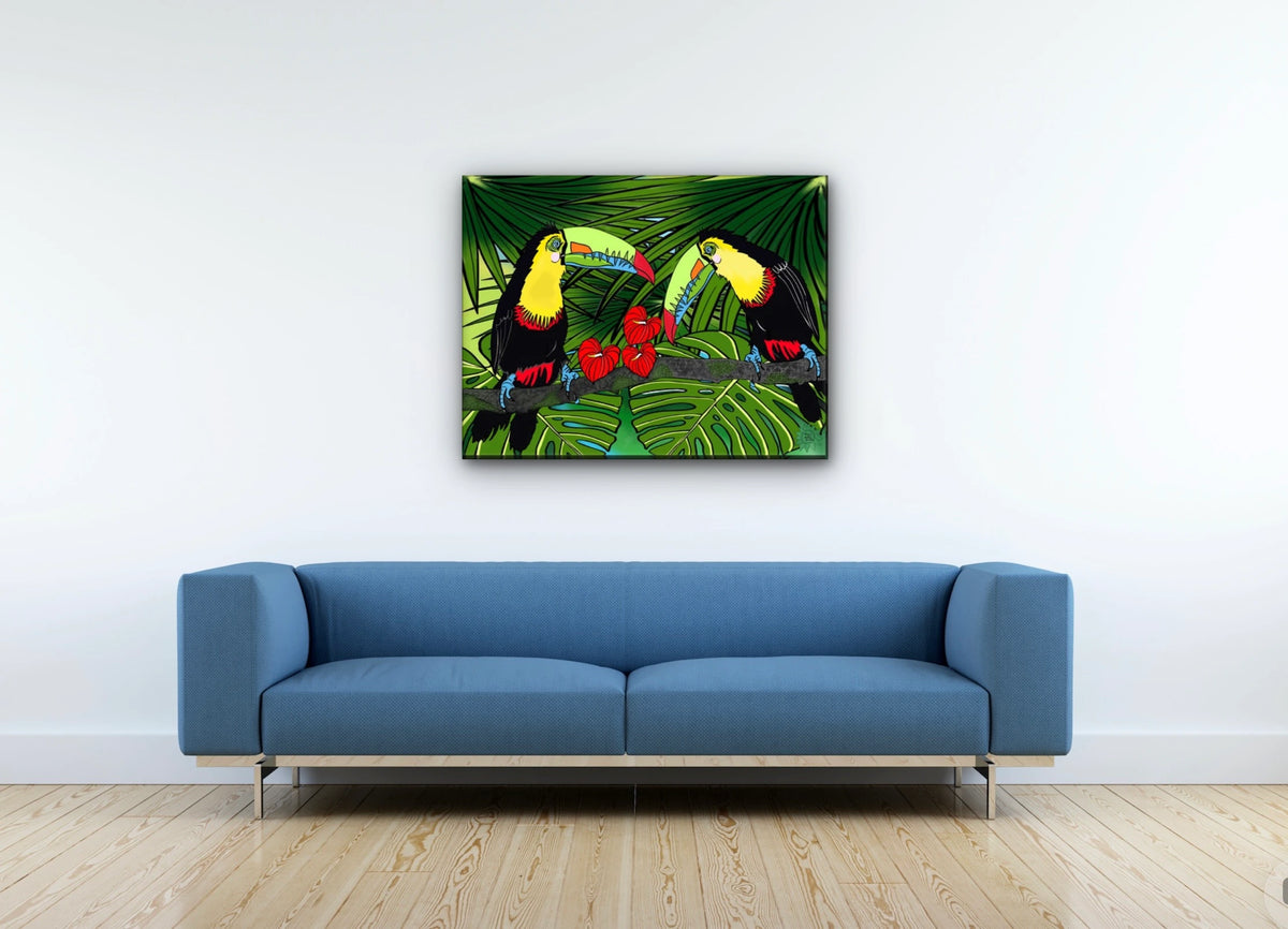 Charlie and Sophie Toucan - large 24 x 36 unframed art print shown hanging on a wall