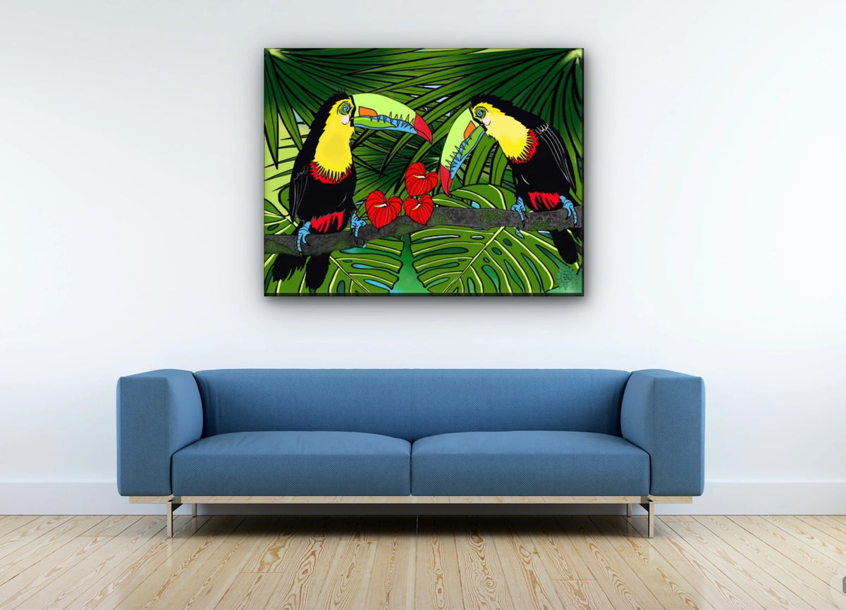 Charlie and Sophie Toucan - extra large 36 x 48 unframed art print shown hanging on a wall