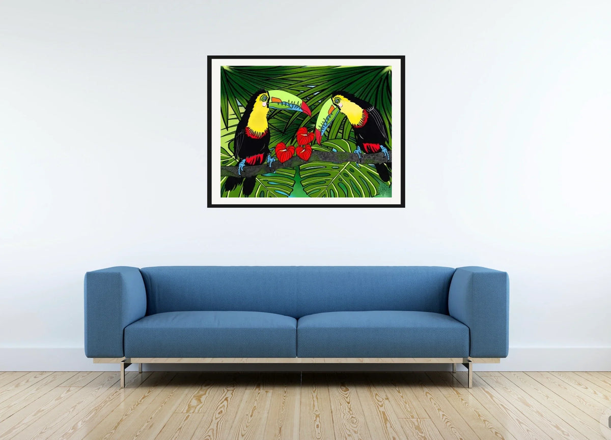 Charlie and Sophie Toucan - large 24 x 36 matted and framed art print shown hanging on a wall