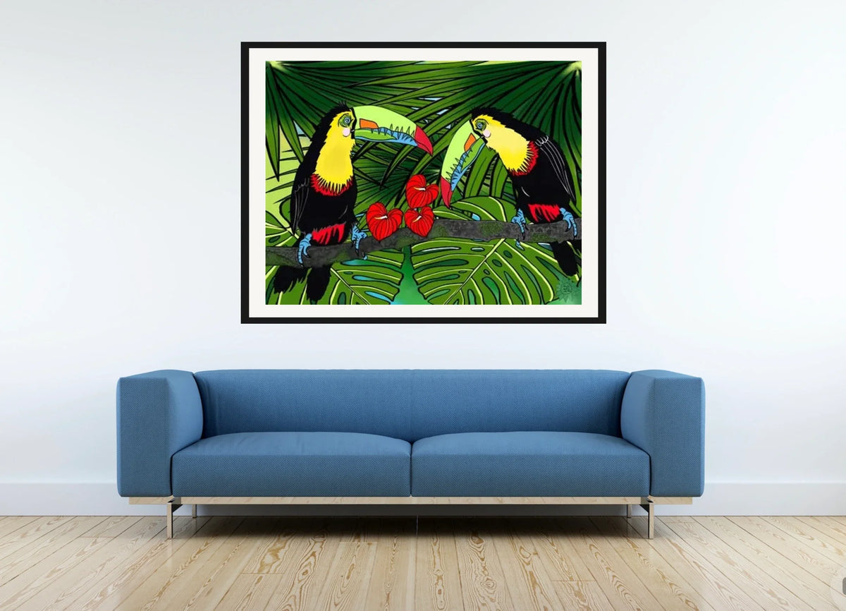 Charlie and Sophie Toucan - extra large 36 x 48 matted and framed art print shown hanging on a wall