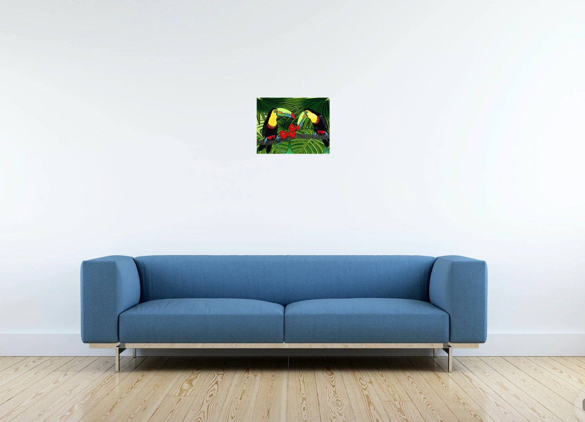 Charlie and Sophie Toucan - medium 12 x 16 unframed art print shown hanging on a wall