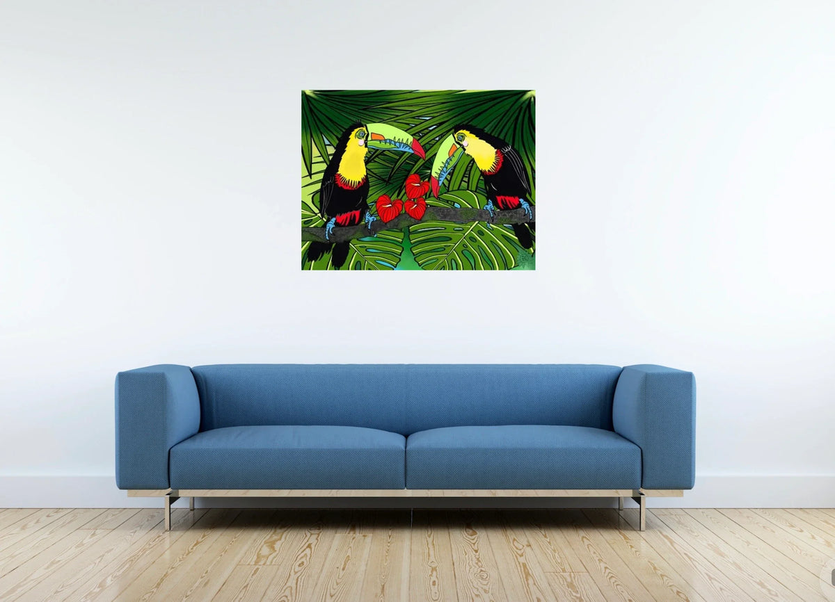 Charlie and Sophie Toucan - large 24 x 36 unframed art print shown hanging on a wall