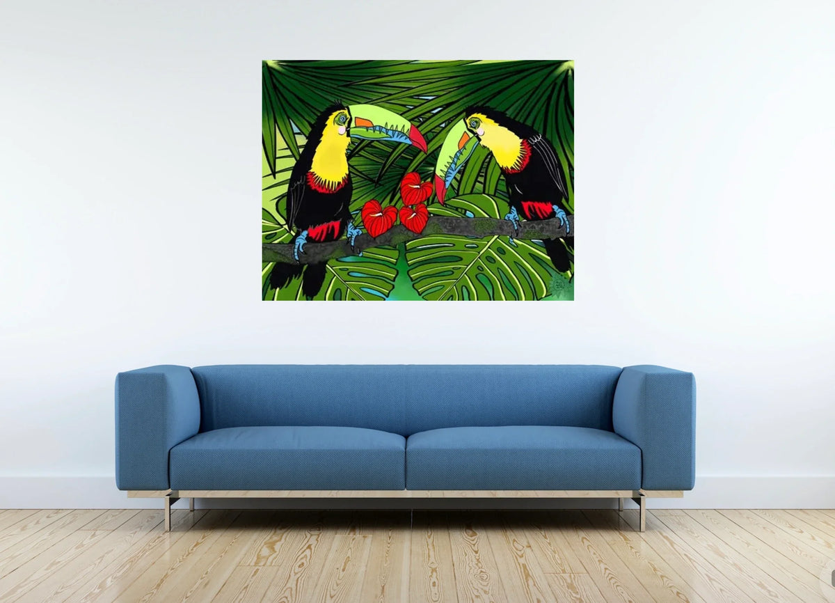 Charlie and Sophie Toucan - extra large 36 x 48 unframed art print shown hanging on a wall