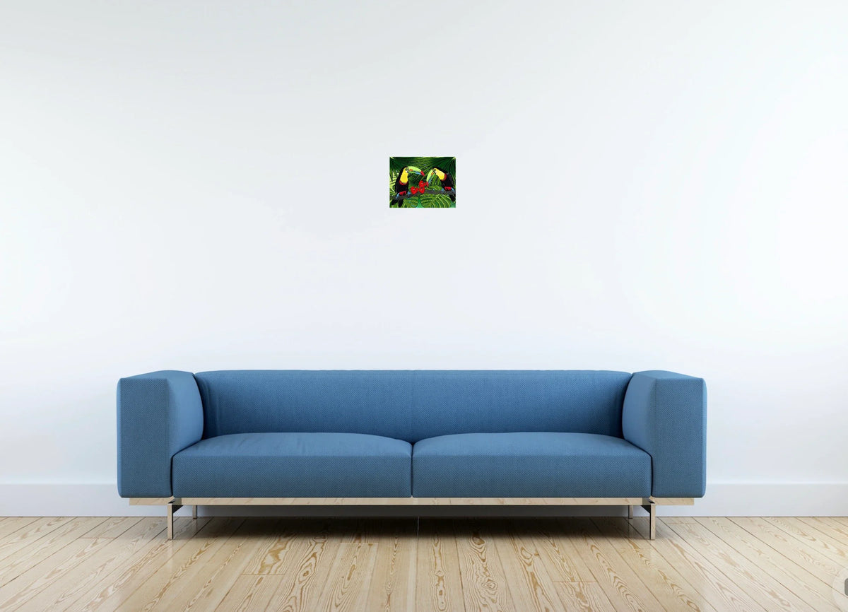 Charlie and Sophie Toucan - small 8 x 10 unframed art print shown hanging on a wall