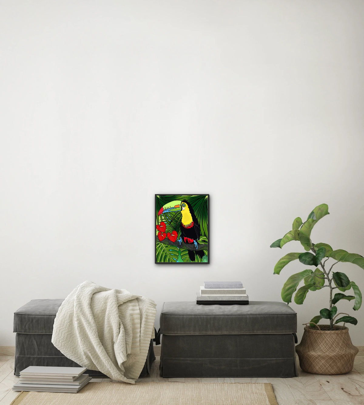 Charlie Toucan - medium 12 x 16 framed art print shown hanging on a wall