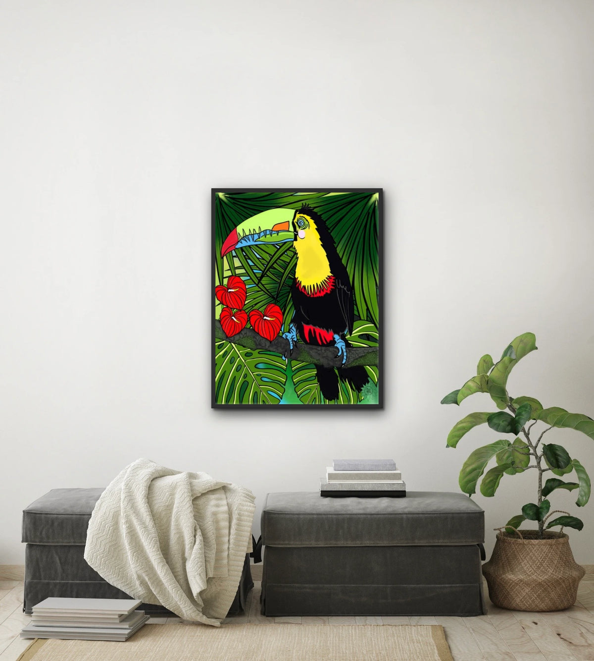 Charlie Toucan - large 24 x 36 framed art print shown hanging on a wall