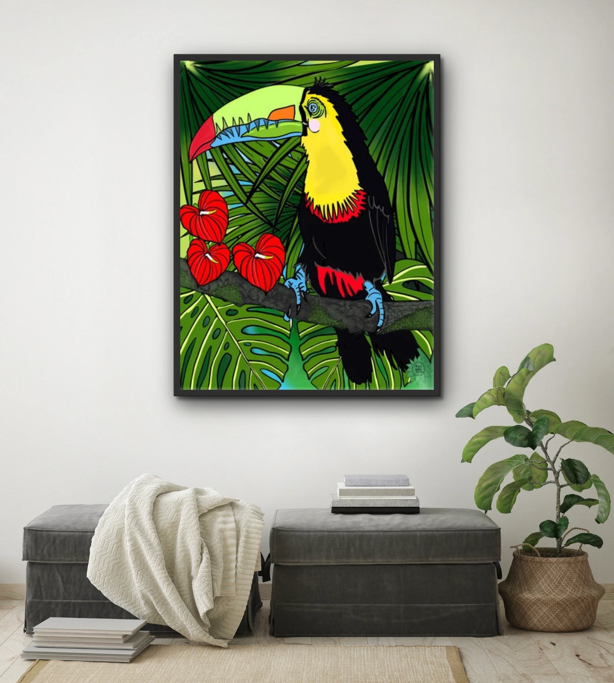 Charlie Toucan - extra large 36 x 48 framed art print shown hanging on a wall