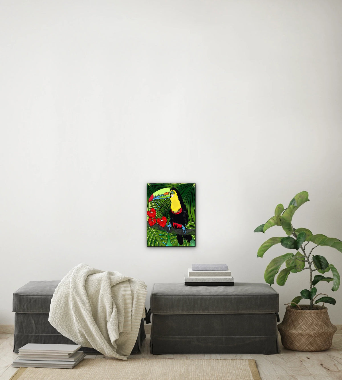 Charlie Toucan - medium 12 x 16 unframed art print shown hanging on a wall