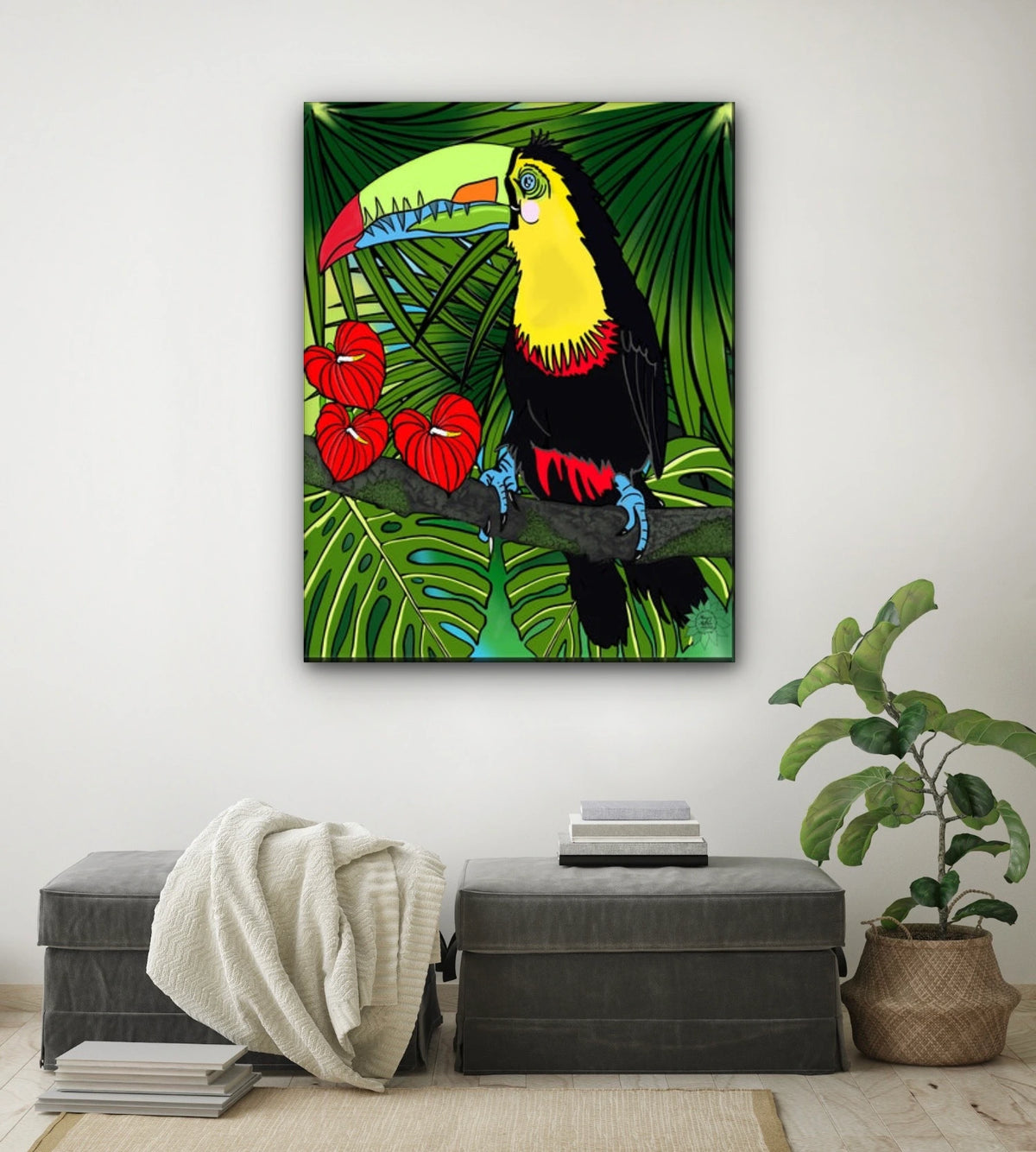 Charlie Toucan - extra large 36 x 48 unframed art print shown hanging on a wall