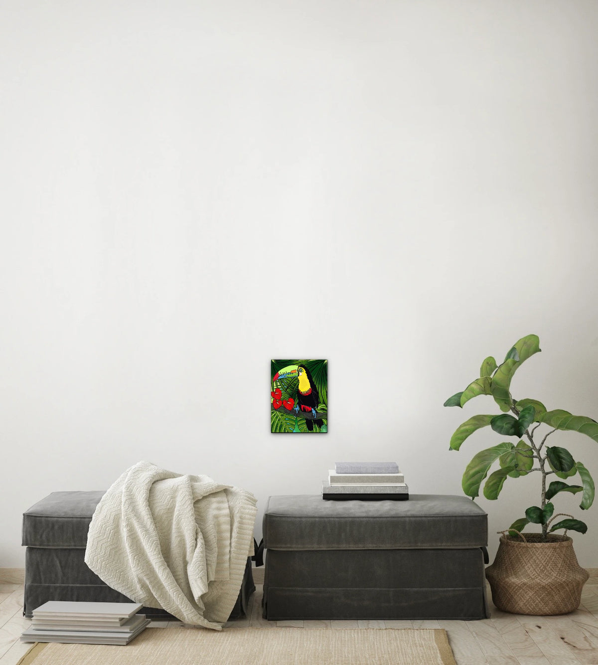 Charlie Toucan - small 8 x 10 unframed art print shown hanging on a wall