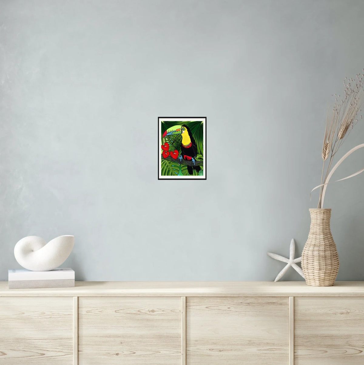 Charlie Toucan - medium 12 x 16 matted and framed art print shown hanging on a wall