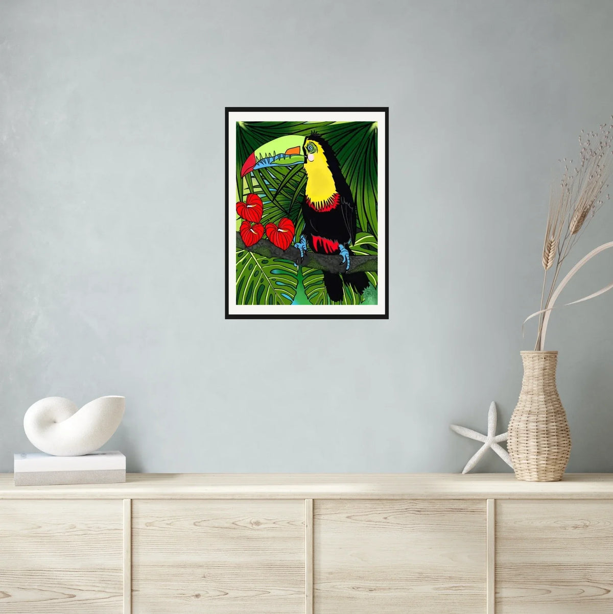 Charlie Toucan - large 24 x 36 matted and framed art print shown hanging on a wall