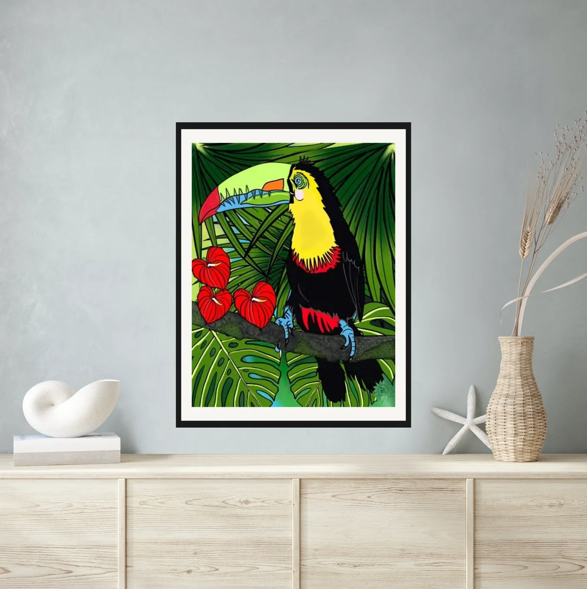 Charlie Toucan - extra large 36 x 48 matted and framed art print shown hanging on a wall