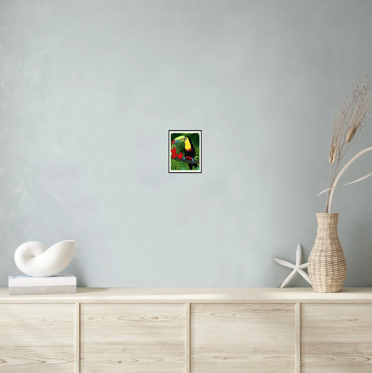 Charlie Toucan - small 8 x 10 matted and framed art print shown hanging on a wall