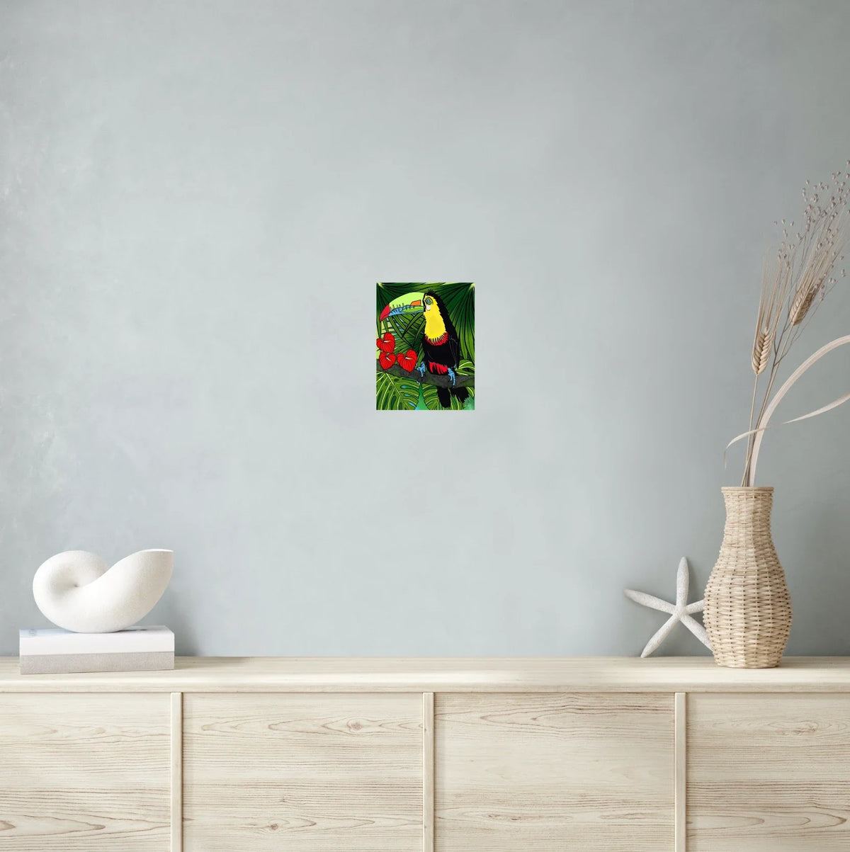 Charlie Toucan - medium 12 x 16 unframed art print shown hanging on a wall