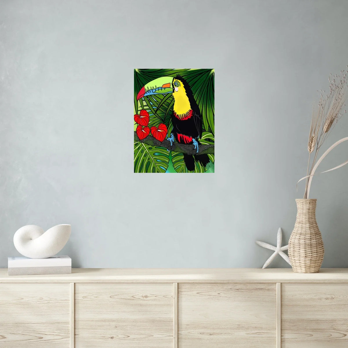 Charlie Toucan - large 24 x 36 unframed art print shown hanging on a wall