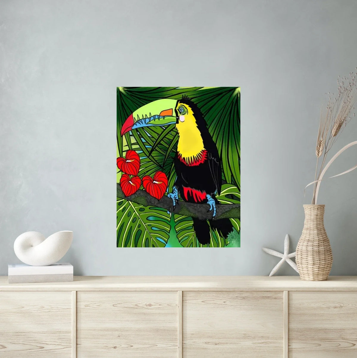 Charlie Toucan - extra large 36 x 48 unframed art print shown hanging on a wall
