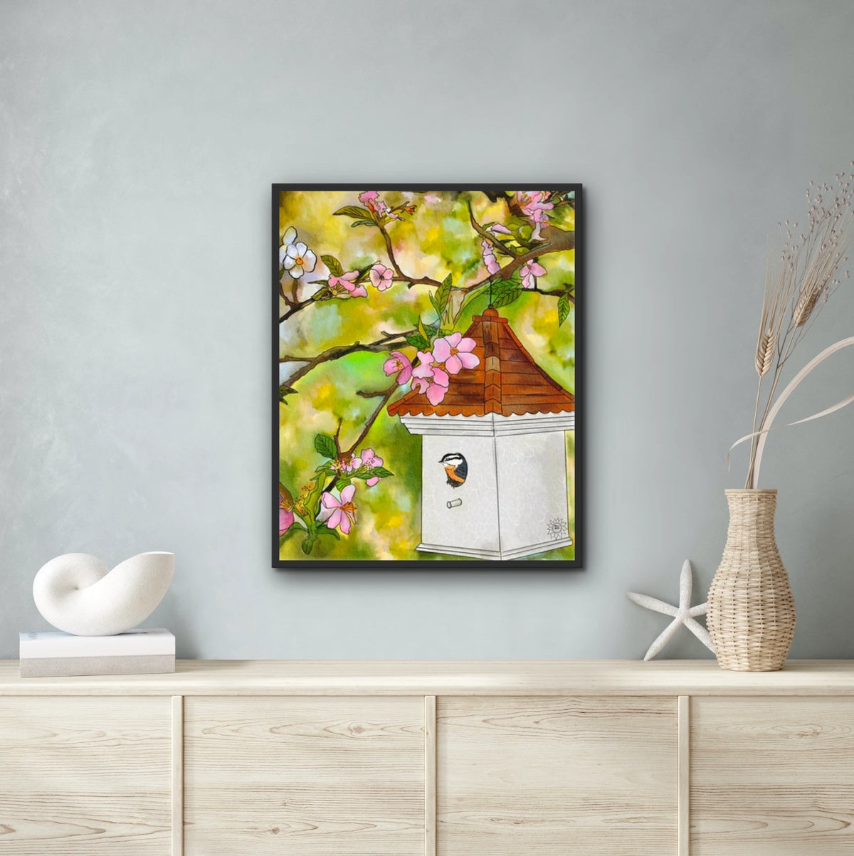 Cherry Blossoms and Birdhouse - extra large 36 x 48 framed art print shown hanging on a wall