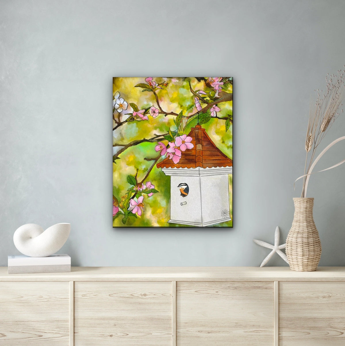 Cherry Blossoms and Birdhouse - extra large 36 x 48 unframed art print shown hanging on a wall