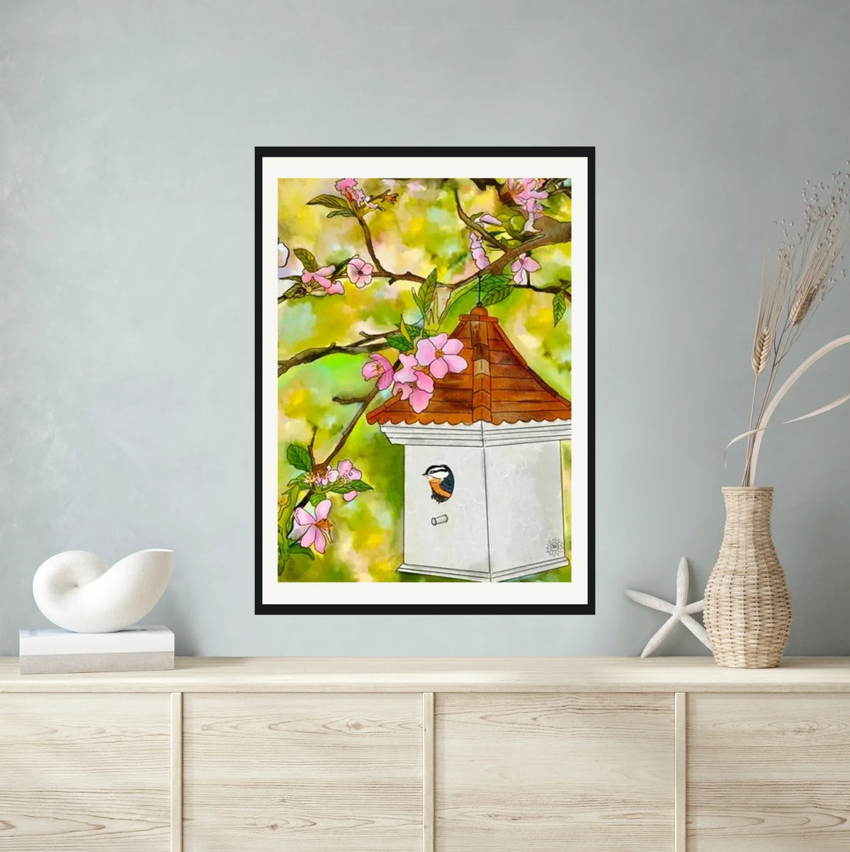 Cherry Blossoms and Birdhouse - extra large 36 x 48 matted and framed art print shown hanging on a wall
