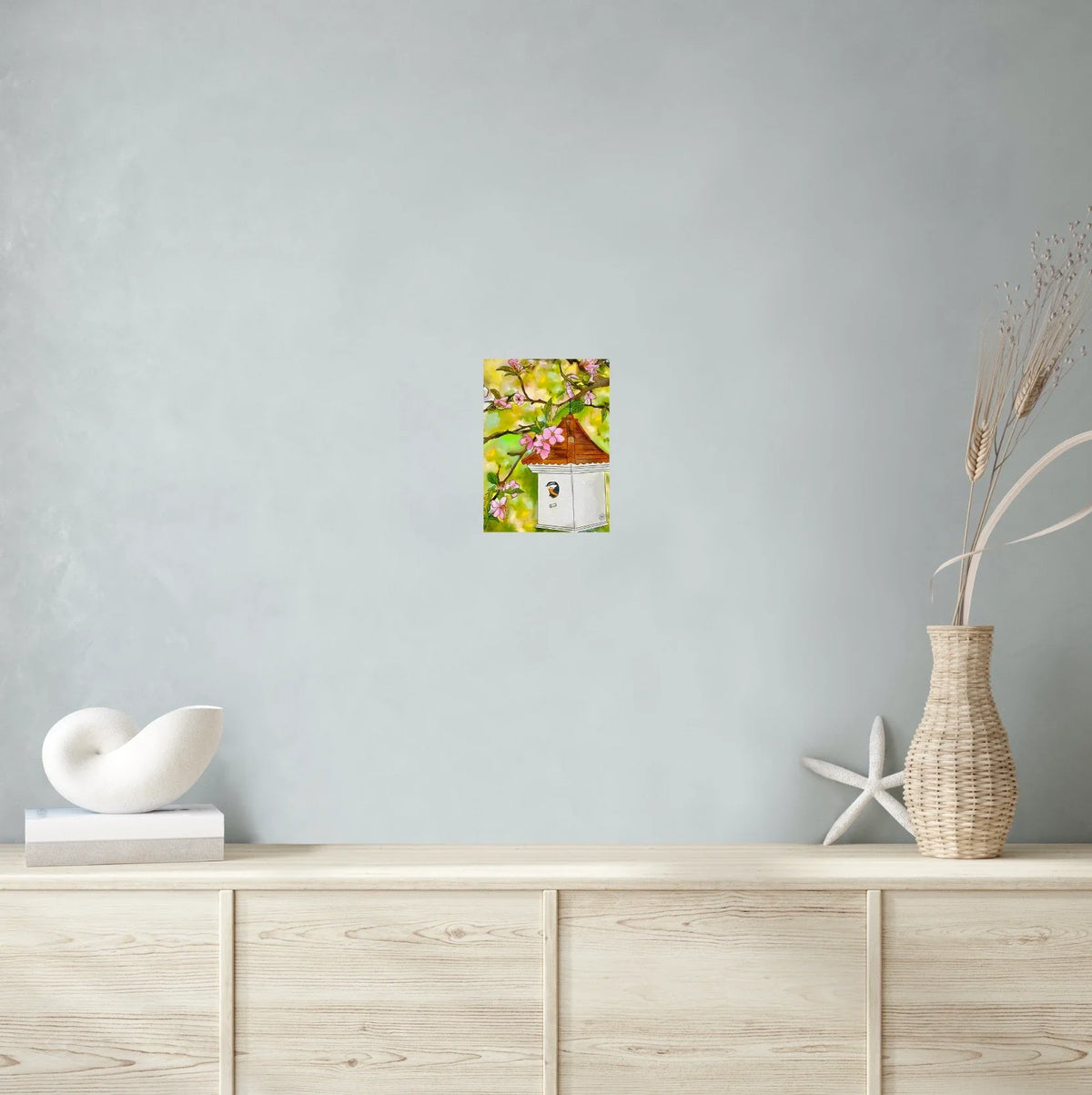Cherry Blossoms and Birdhouse - medium 12 x 16 unframed art print shown hanging on a wall