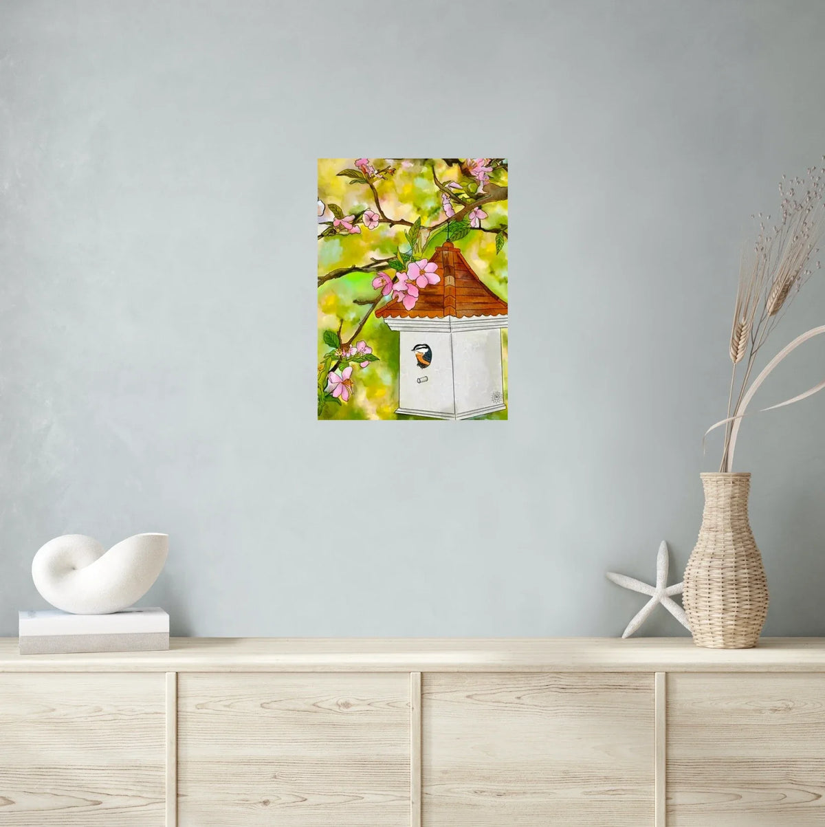 Cherry Blossoms and Birdhouse - large 24 x 36 unframed art print shown hanging on a wall