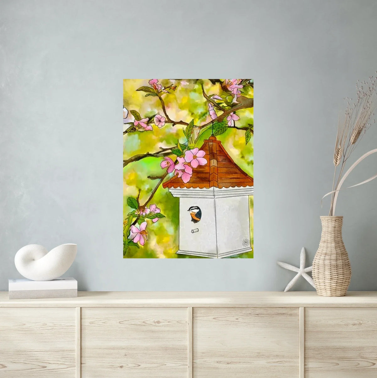 Cherry Blossoms and Birdhouse - extra large 36 x 48 unframed art print shown hanging on a wall