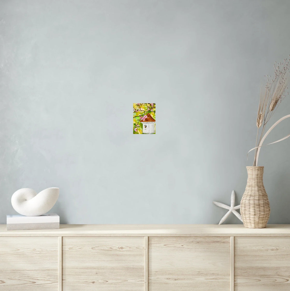 Cherry Blossoms and Birdhouse - small 8 x 10 unframed art print shown hanging on a wall