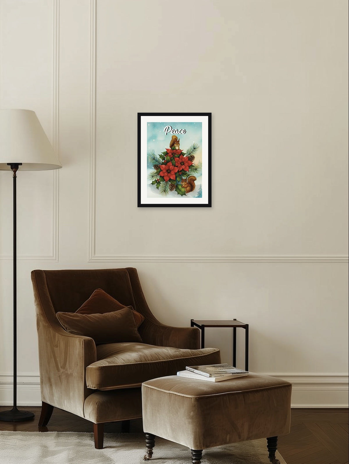 This is a medium 12 x 16 matted and framed watercolor art print of two red squirrels among poinsettias and holly, lettered Peace. Created by professional artists, this high-quality watercolor print on textured matte paper adds a touch of character to any home or office decor.