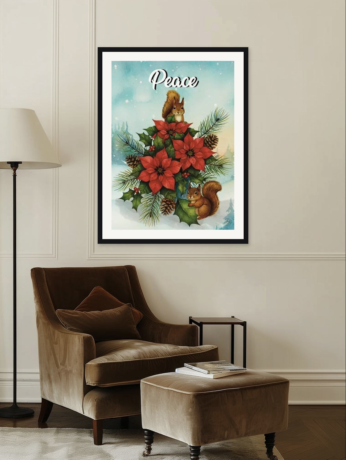 This is a large 24 x 36 matted and framed watercolor art print of two red squirrels among poinsettias and holly, lettered Peace. Created by professional artists, this high-quality watercolor print on textured matte paper adds a touch of character to any home or office decor.