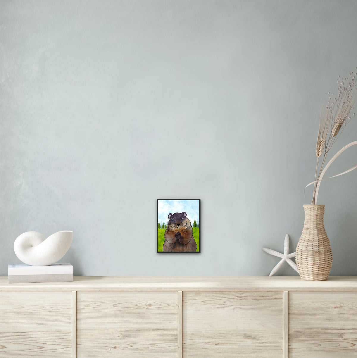 Chuckles the Groundhog - medium 12 x 16 framed art print shown hanging on a wall