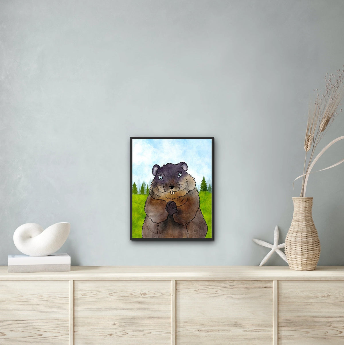 Chuckles the Groundhog - large 24 x 36 framed art print shown hanging on a wall