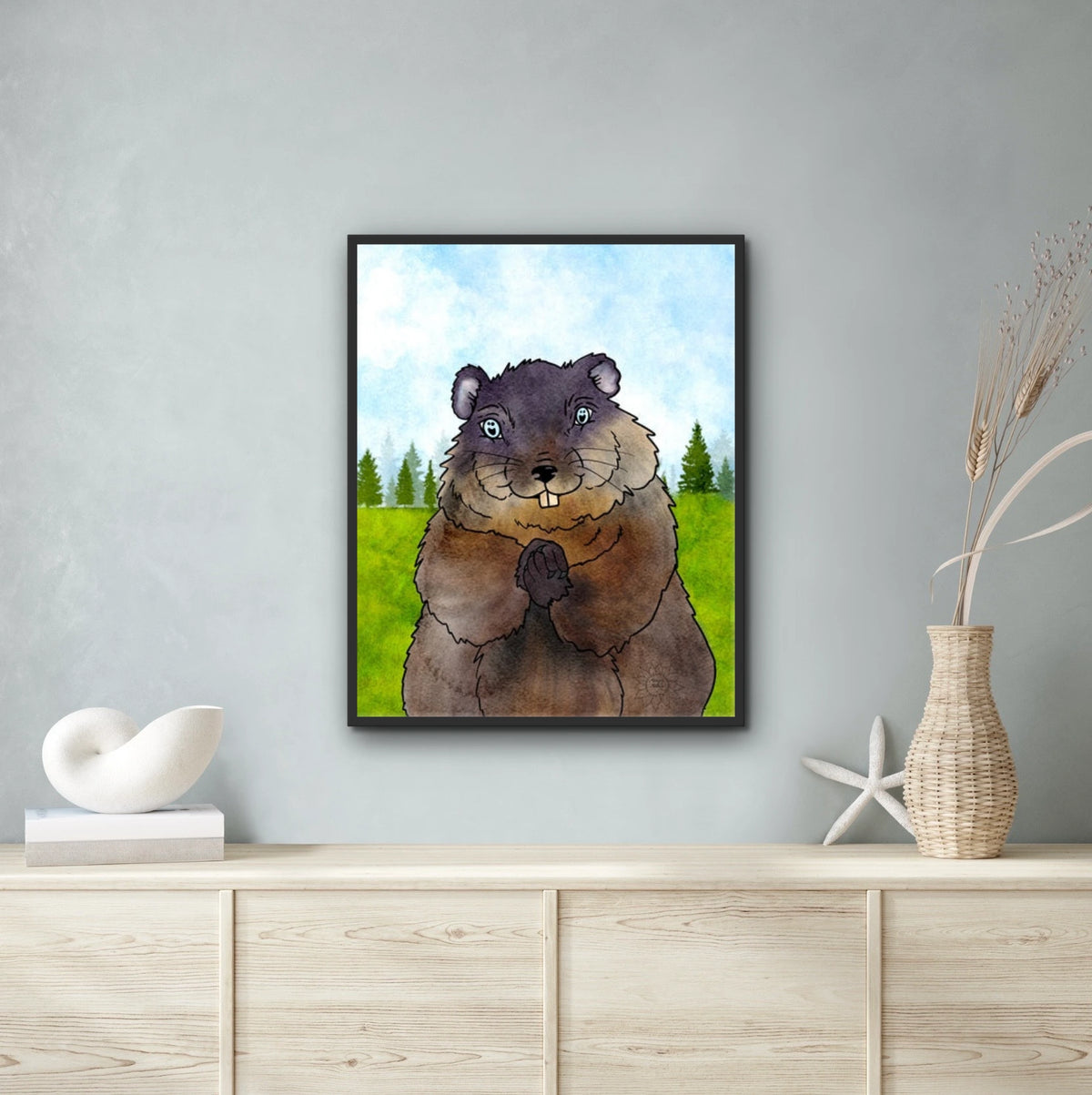 Chuckles the Groundhog - extra large 36 x 48 framed art print shown hanging on a wall