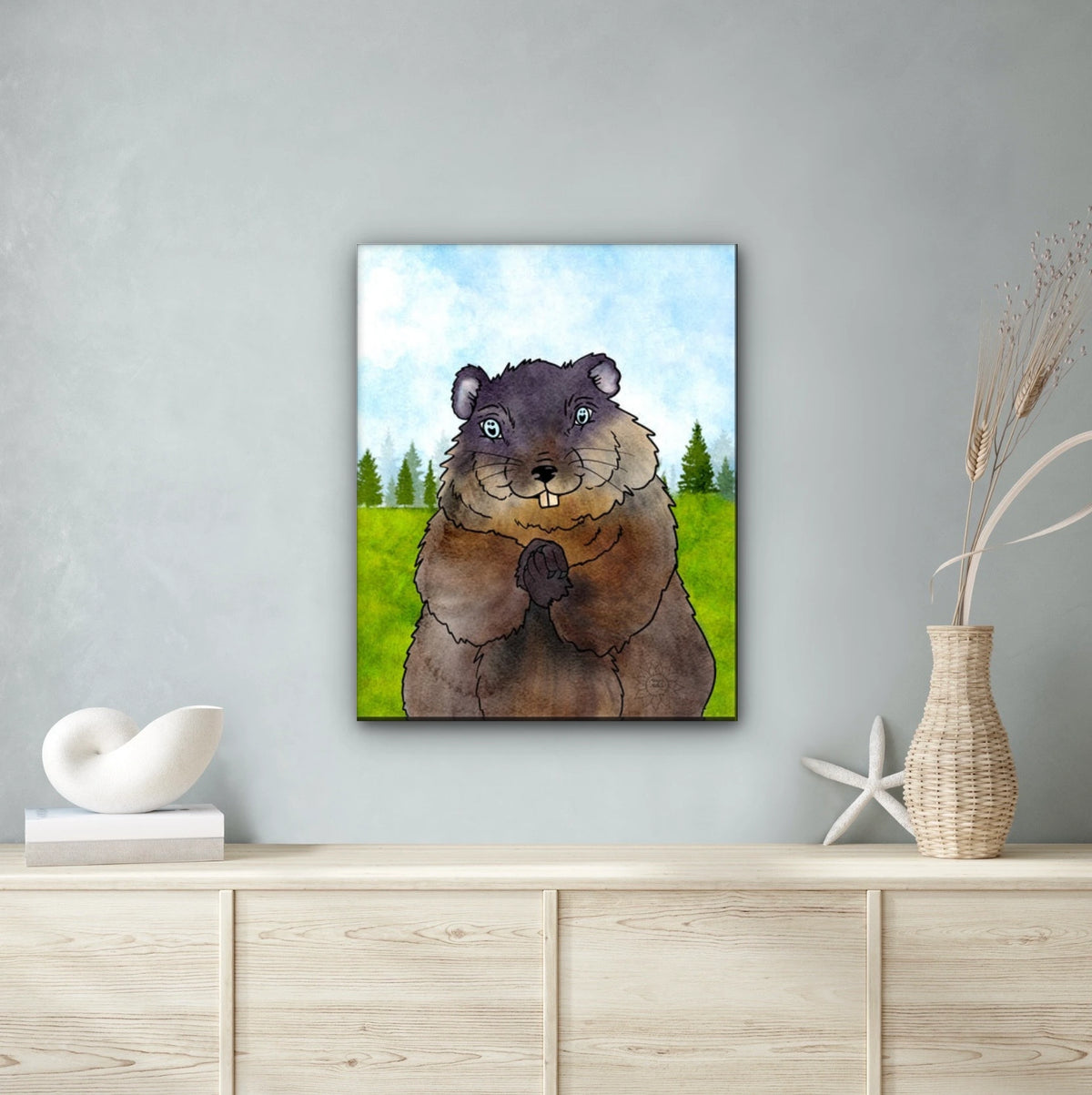 Chuckles the Groundhog - extra large 36 x 48 unframed art print shown hanging on a wall