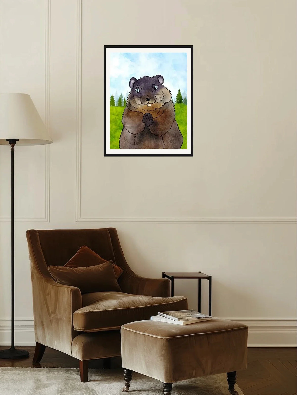 Chuckles the Groundhog - large 24 x 36 matted and framed art print shown hanging on a wall